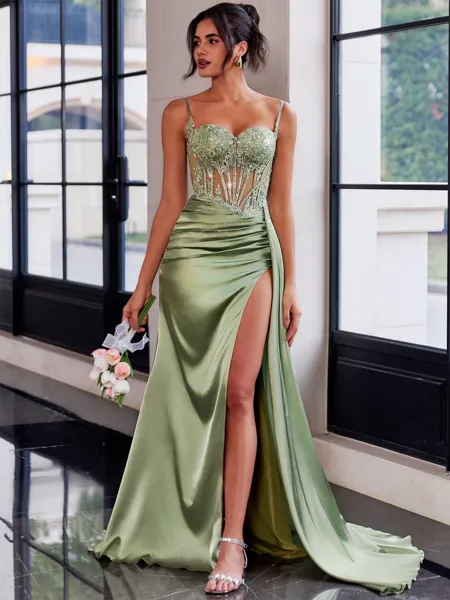 Perfect Sheath Spaghetti Straps Appliques Lace Sweep Train Silk Like Satin Corset Prom Dress