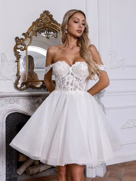 Classy A-line Off-the-Shoulder Appliques Lace Short/Mini Corset Wedding Dress