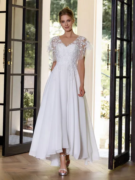 Hermosos A-line V-Neck Short Sleeves Appliques Lace Asymmetrical Chiffon Wedding Dress