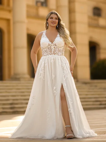 Glam A-line V-Neck Appliques Lace Court Train Tulle Corset Plus Size Wedding Dress