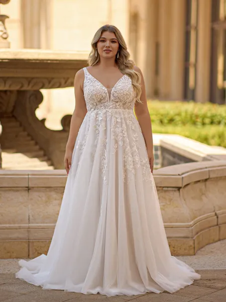 Breathtaking A-line V-Neck Appliques Lace Court Train Tulle Plus Size Wedding Dress