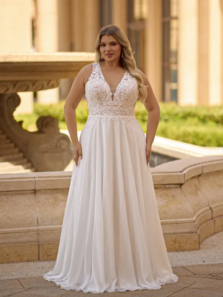 Gorgeous A-line V-Neck Appliques Lace Floor-Length Chiffon Corset Plus Size Wedding Dress