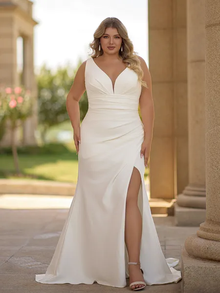 Fashion-forward Sheath V-Neck Pleated Chapel Train Stretch Crepe Plus Size Wedding Dress