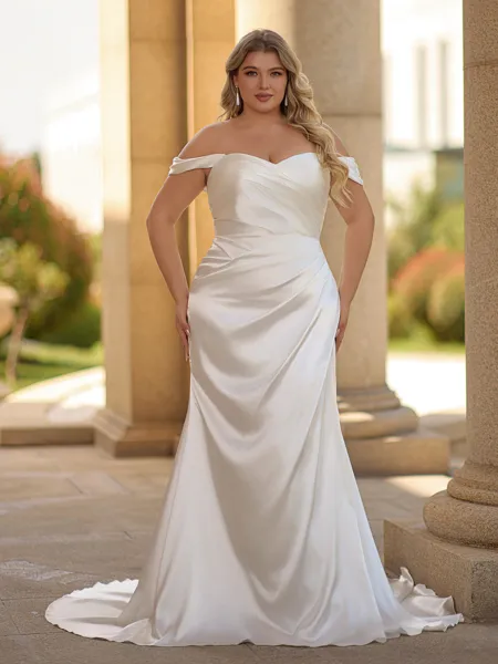 Stunning Sheath Off-the-Shoulder Pleated Court Train Silk Like Satin Corset Plus Size Wedding Dress