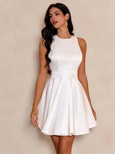 Beaming Perfection White A-line Scoop Bow Short/Mini Satin Dress