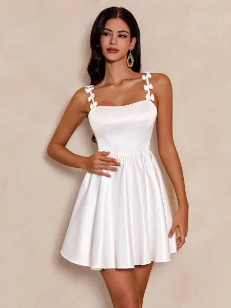 Gorgeous Aesthetic White A-line Straps Bow Short/Mini Satin Dress
