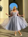 A-line Princess Sweetheart Short Sleeves Lace Tea-Length Corset Homecoming Dress With Appliques Lace