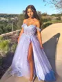 A-line Trendy Off-the-Shoulder Sweep Train Tulle Corset Prom Dress With Slit