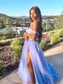 A-line Trendy Off-the-Shoulder Sweep Train Tulle Corset Prom Dress With Slit