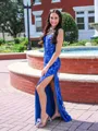 Sheath/Column Straps Unique Sweep Train Lace Prom Dress With Slit