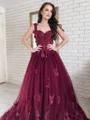 Ball-Gown Trendy Off-the-Shoulder Tulle Chapel Train Prom Dress With Flower