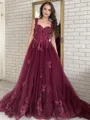 Ball-Gown Trendy Off-the-Shoulder Tulle Chapel Train Prom Dress With Flower