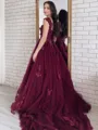 Ball-Gown Trendy Off-the-Shoulder Tulle Chapel Train Prom Dress With Flower