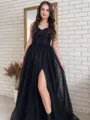 A-line Charming Spaghetti Straps Other Sweep Train Corset Prom Dress With Slit