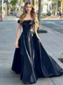 A-line Stunning Off-the-Shoulder Satin Sweep Train Corset Prom Dress With Ruffles