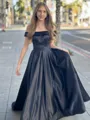 A-line Stunning Off-the-Shoulder Satin Sweep Train Corset Prom Dress With Ruffles