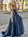 A-line Stunning Off-the-Shoulder Satin Sweep Train Corset Prom Dress With Ruffles