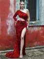 Trumpet/Mermaid Shiny One-Shoulder Long Sleeves Velvet Sequins Sweep Train Prom Dress With Slit