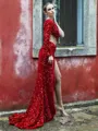 Trumpet/Mermaid Shiny One-Shoulder Long Sleeves Velvet Sequins Sweep Train Prom Dress With Slit