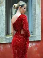 Trumpet/Mermaid Shiny One-Shoulder Long Sleeves Velvet Sequins Sweep Train Prom Dress With Slit