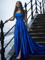 Dreamy A-line Spaghetti Straps Silk like Satin Sweep Train Corset Prom Dress With Slit