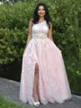 A-line Trendy One-Shoulder Lace Floor-Length Prom Dress With Slit