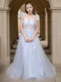 A-line Glam Straps Tulle Sweep Train Corset Prom Dress With Applique