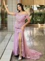 Sheath/Column Glam Off-the-Shoulder Tulle Sweep Train Prom Dress With Slit