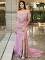 Sheath/Column Glam Off-the-Shoulder Tulle Sweep Train Prom Dress With Slit