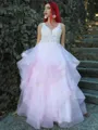 A-line Unique V-neck Tulle Floor-Length Corset Prom Dress