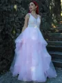A-line Unique V-neck Tulle Floor-Length Corset Prom Dress