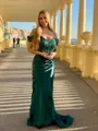 Pretty Sheath/Column Off-the-Shoulder Silk like Satin Sweep Train Corset Prom Dress With Slit