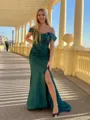 Pretty Sheath/Column Off-the-Shoulder Silk like Satin Sweep Train Corset Prom Dress With Slit