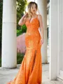 Charming Sheath/Column V-Neck Sweep Train Sequins Prom Dress With Slit