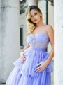 A-line Spaghetti Straps Sweep Train Tulle Corset Prom Dress