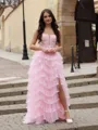 Stunning A-line Spaghetti Straps Sweep Train Tulle Corset Prom Dress With Slit