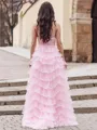 Stunning A-line Spaghetti Straps Sweep Train Tulle Corset Prom Dress With Slit