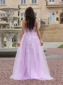 Elegant A-line One-Shoulder Sweep Train Tulle Corset Prom Dress With Appliques Lace