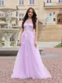 Elegant A-line One-Shoulder Sweep Train Tulle Corset Prom Dress With Appliques Lace