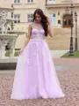 Elegant A-line One-Shoulder Sweep Train Tulle Corset Prom Dress With Appliques Lace