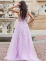 Elegant A-line One-Shoulder Sweep Train Tulle Corset Prom Dress With Appliques Lace