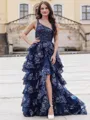 A-line Chic One-Shoulder Sweep Train Tulle Corset Prom Dress With Slit