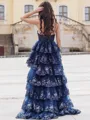 A-line Chic One-Shoulder Sweep Train Tulle Corset Prom Dress With Slit