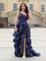 A-line Chic One-Shoulder Sweep Train Tulle Corset Prom Dress With Slit