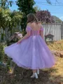 Flattering A-line Off-the-Shoulder Tulle Corset Tea-Length Homecoming Dress