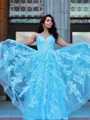 A-line Enchanting V-Neck Sweep Train Lace Prom Dress With Appliques Lace