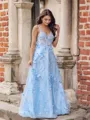 A-line Unique V-neck Floor-Length Satin Corset Prom Dress With Flower