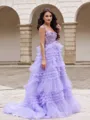 A-line Elegant V-neck Court Train Tulle Corset Prom Dress With Appliques Lace