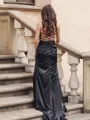 Sheath/Column Elegant Spaghetti Straps Sweep Train Silk Like Satin Corset Prom Dress With Slit