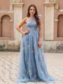 A-line Classy One-Shoulder Sweep Train Lace Prom Dress With Appliques Lace